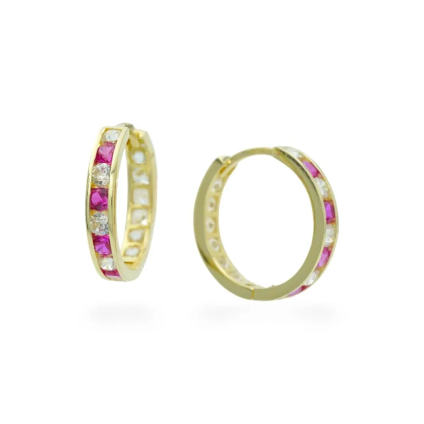 Zlaté kruhové náušnice 1,5cm s rubíny a zirkony