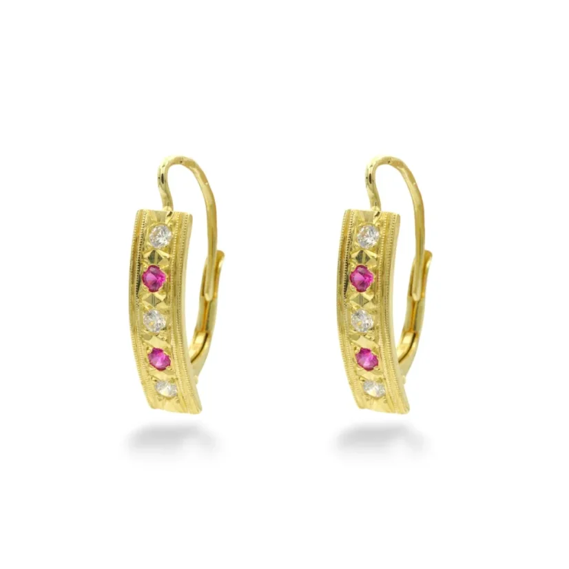 Zlaté náušnice s čirými zirkony a červenými kameny 2,78g