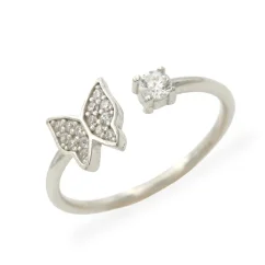 Stříbrný otevřený prsten s motýlem a zirkony