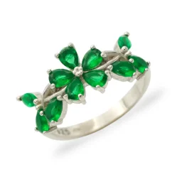 Stříbrný květinový prsten se zelenými zirkony