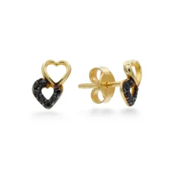 Zlaté náušnice srdíčka dvojité s černými kamínky 0,94g