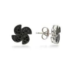 Puzetové náušnice ze stříbra čtyřlístky s černými zirkony