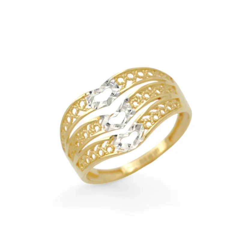 Zlatý prsten kombinovaný trojitý se Srdíčky