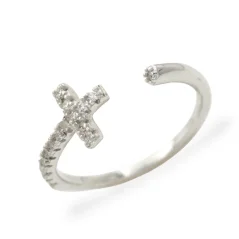 Stříbrný otevřený prsten křížek se zirkony
