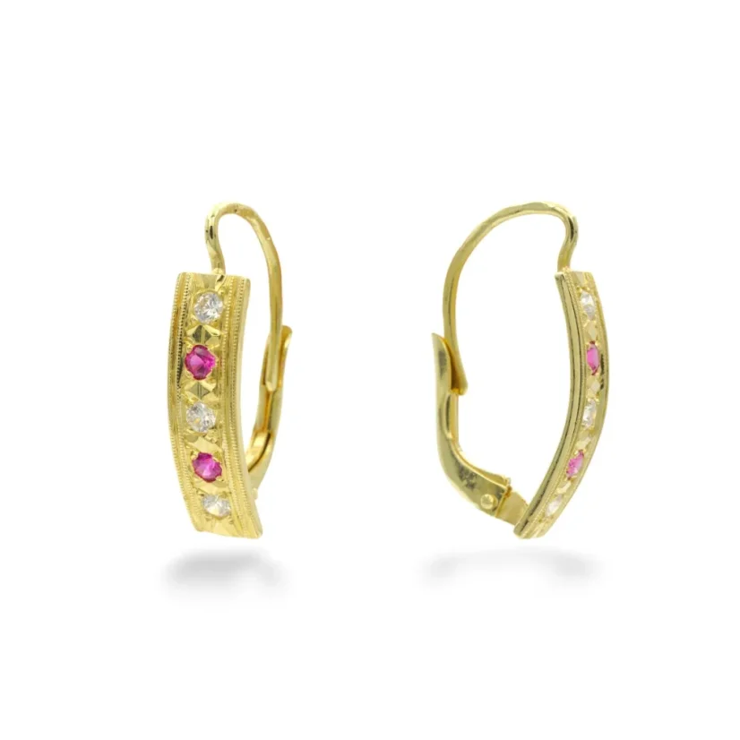 Zlaté náušnice s čirými zirkony a červenými kameny 2,78g