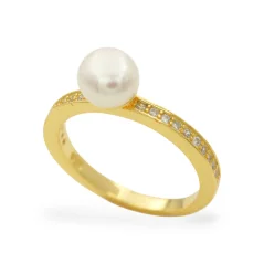 Pozlacený stříbrný prsten s perlou a zirkony