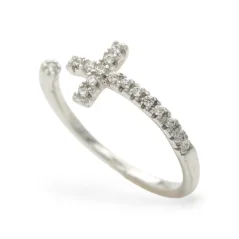 Stříbrný otevřený prsten křížek se zirkony