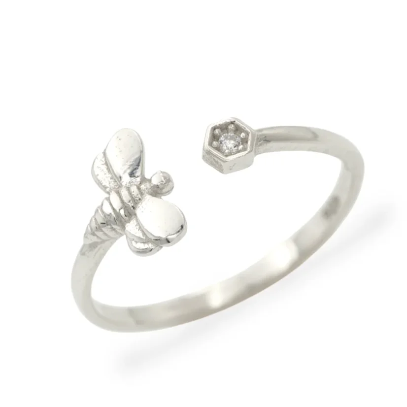 Stříbrný otevřený prsten s včelkou - Velikost: 53