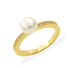 Pozlacený stříbrný prsten s perlou a zirkony