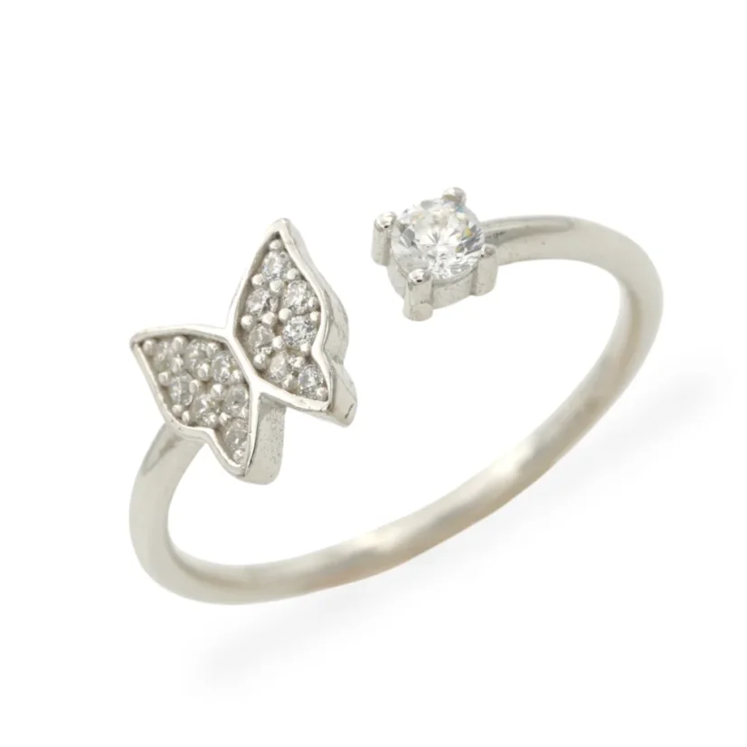 Stříbrný otevřený prsten s motýlem a zirkony - Velikost: 54